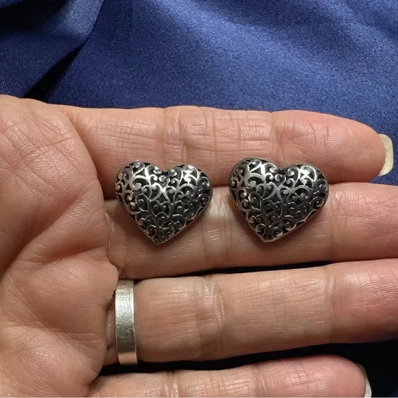 Earrings*925 Sterling Silver Filigree Heart Earrings Post Backs - Picture 3 of 7